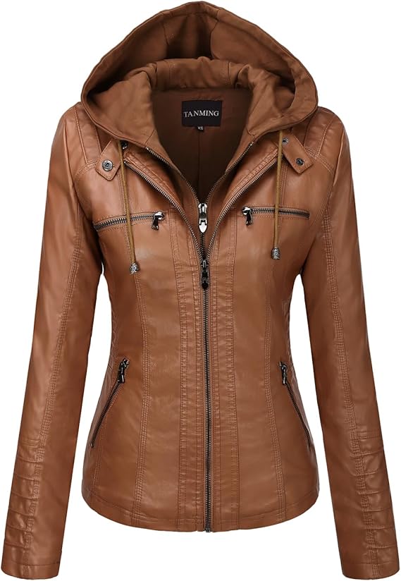 Tanming Women's Faux Leather Jacket - Light Brown Hooded Moto Biker Coat for Fall & Winter Fashion - Premium PU Leather Outerwear for Casual Wear