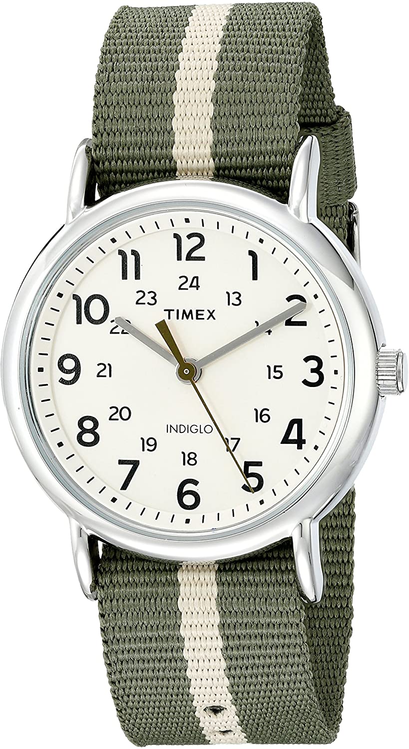 Timex Men's TW2P72100 Weekender Reversible Green/Tan Stripe Nylon Slip-Thru Strap Watch