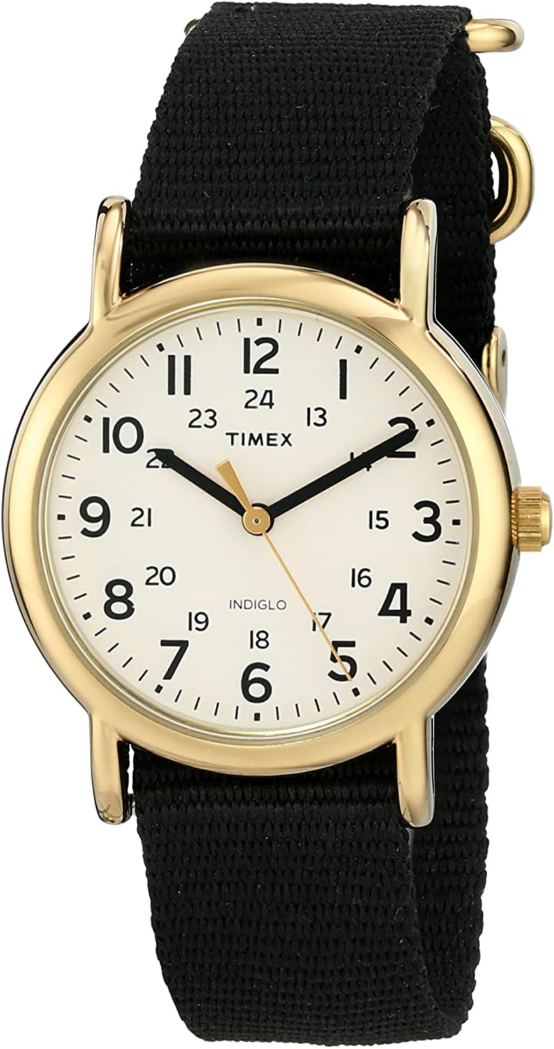 Timex Unisex T2P4769J Weekender Gold-Tone Watch with Black Nylon Band