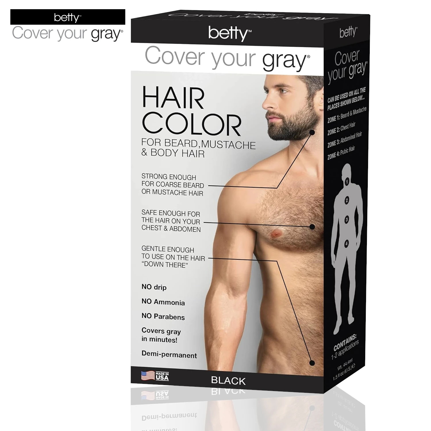 Betty’s Black Hair Color for Men Cover Your Gray: Men's Black Beard, Mustache and Body Dye, 1.5 Fl