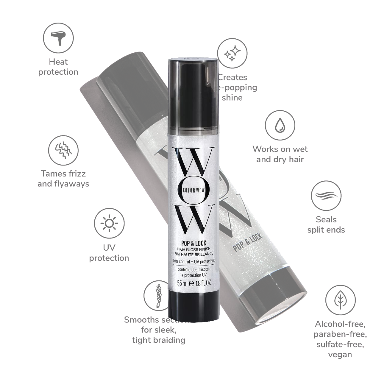 Wow Pop + Lock Frizz Control + Glossing Serum – Anti frizz serum with heat protection, Wow Hair Se