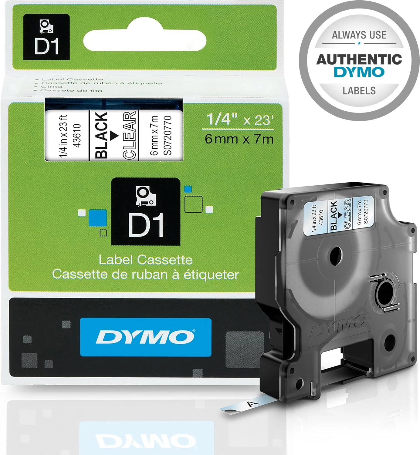 DYMO Standard D1 43610 Labeling Tape, 1/4'' W x 23