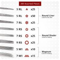 One Tattoo World 200pcs Assorted Tattoo Needles | 100 Round Liners, 100 Round Shaders, 25 Flat Magnu