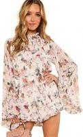 ROMWE Women's Floral Printed Ruffle Bell Sleeve Loose Fit Jumpsuit Rompers