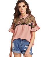 SheIn Women's Cute Embroidered Sheer Neck Ruffle C