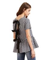 SheIn Women Cute Short Sleeve Bow Tie Checkered Peplum Top Blouse Medium Black