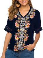 AK Women's Summer V Neck Boho Embroidered Mexican Shirts Short Sleeve Casual Tops Blouse