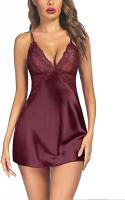 Avidlove Women V Neck Nightwear Satin Sleepwear Lingerie with Silk Lace Chemise Mini Teddy - (Dark R
