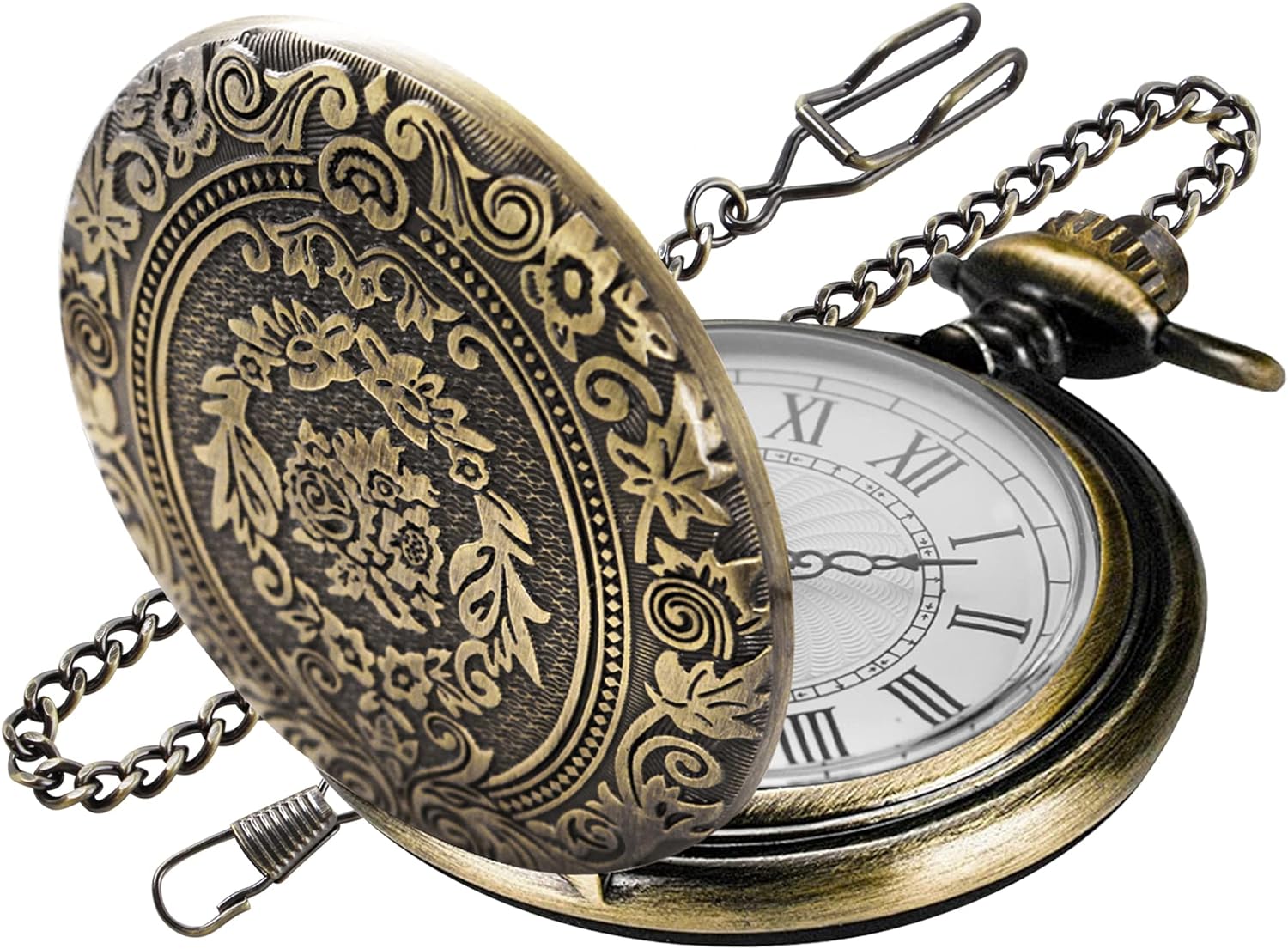 Bronze Flower Pattern Pocket Watch White Roman Num