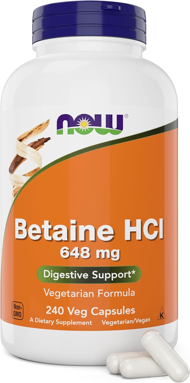 NOW Betaine HCl 648mg with Pepsin – Premium Imported Digestive Enzymes (240 Veg Capsules for Famil