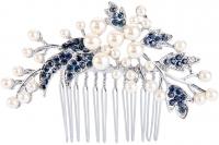 EVER FAITH® Silver-Tone Austrian Crystal Cream Simulated Pearl Floral Leaf Branch Wedding Hair Comb