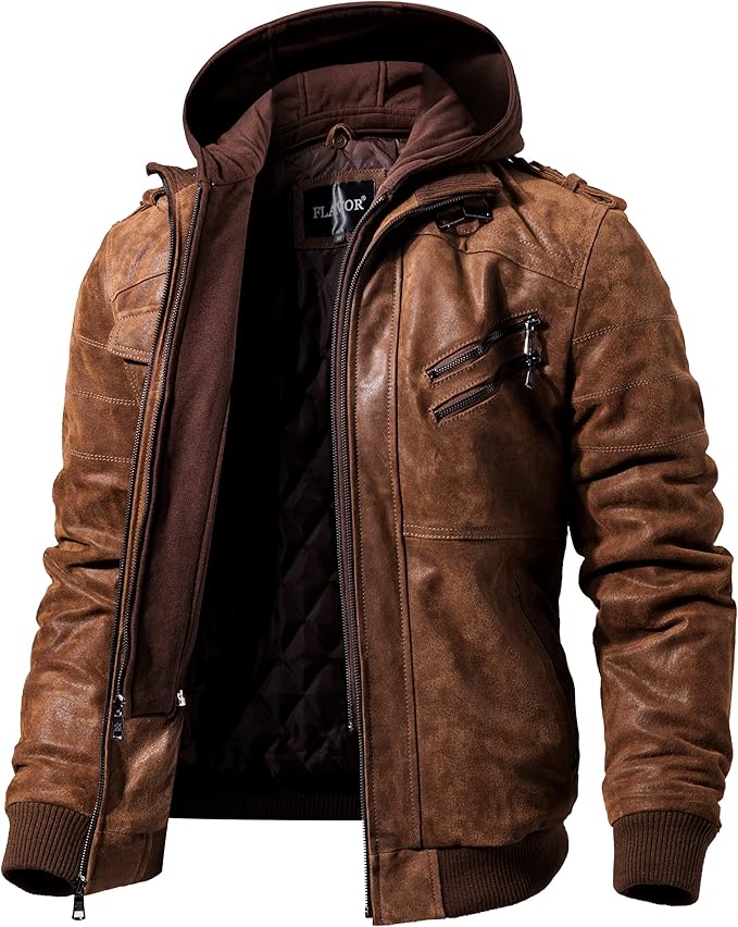 FLAVOR Men's Brown Leather Motorcycle Jacket with 