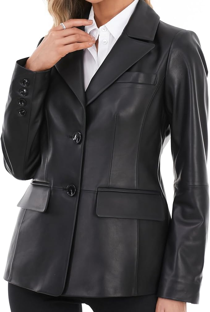 Lambskin Leather Blazer for Women- Genuine Black L