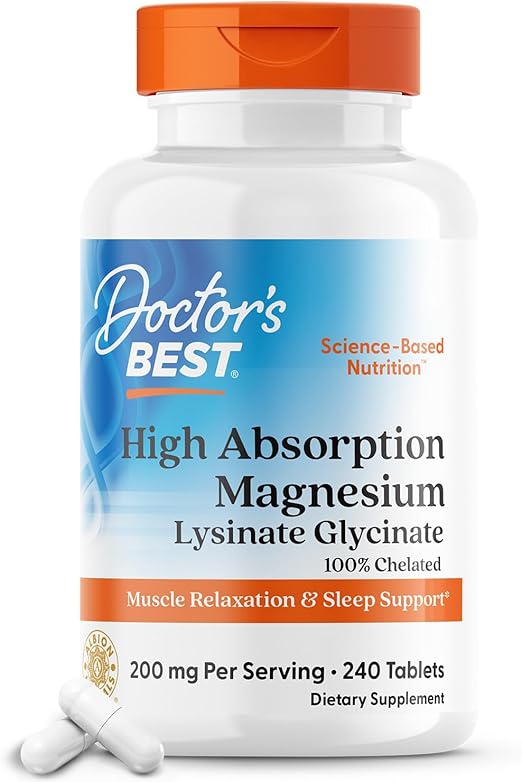 Doctor's Best High Absorption Magnesium Glycinate Lysinate 240 Tablets - 100% Chelated Magnesium for
