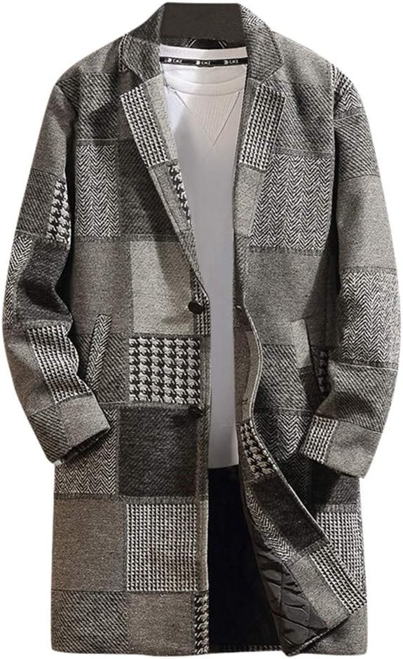 Men's Houndstooth Long Coat Casual Winter Fashion 