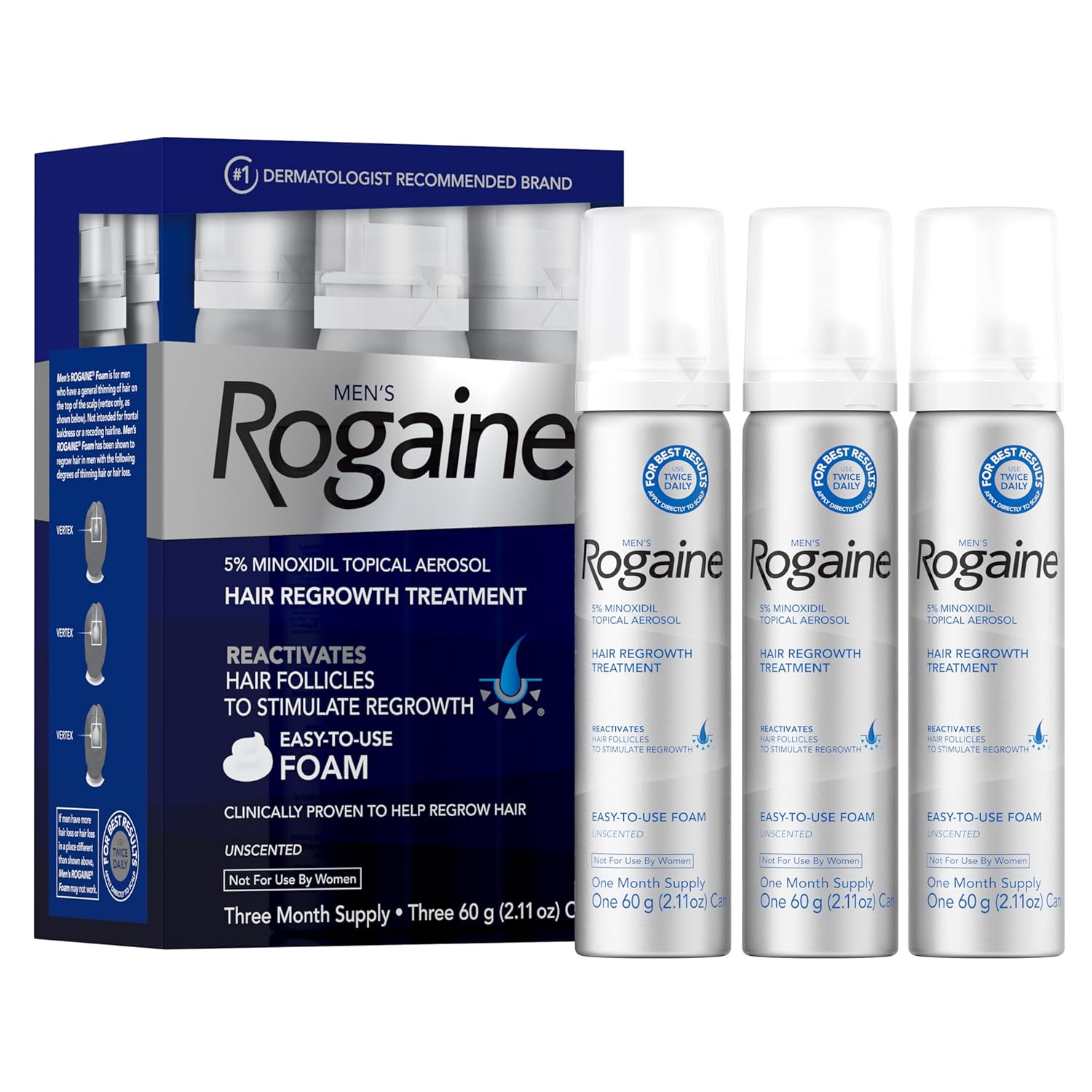 Rogaine 5% Minoxidil Foam for Men – Imported Hair Regrowth Mousse, 3-Month Extra Strength Supply f