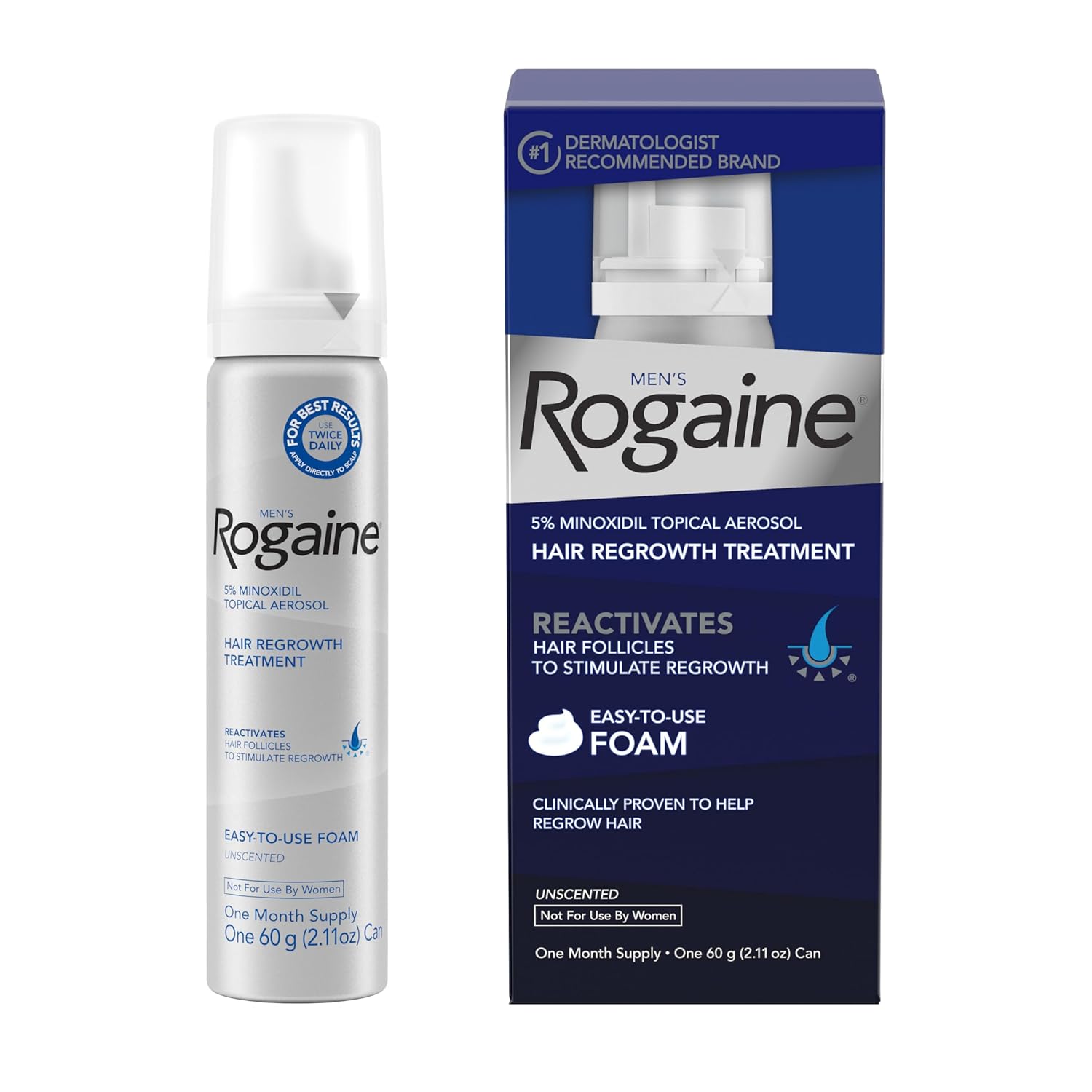 Men’s Rogaine 5% Minoxidil Topical Foam – Unscented Hair Regrowth Treatment (1 Month Supply, Imp