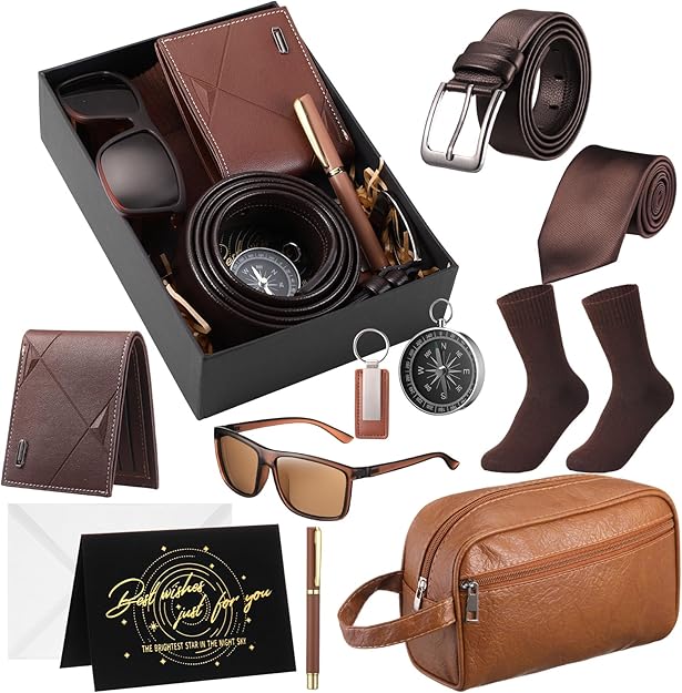 Geyoga 12-Piece Men Birthday Gift Set — PU Leather Wallet, Toiletry Bag, Tie, Socks, Belt, Keychai