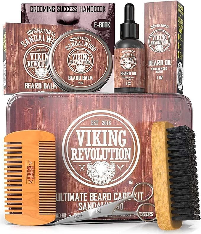Viking Revolution Ultimate Grooming Kit for Men — Boar Brush, Wood Comb, Sandalwood Balm & Oil