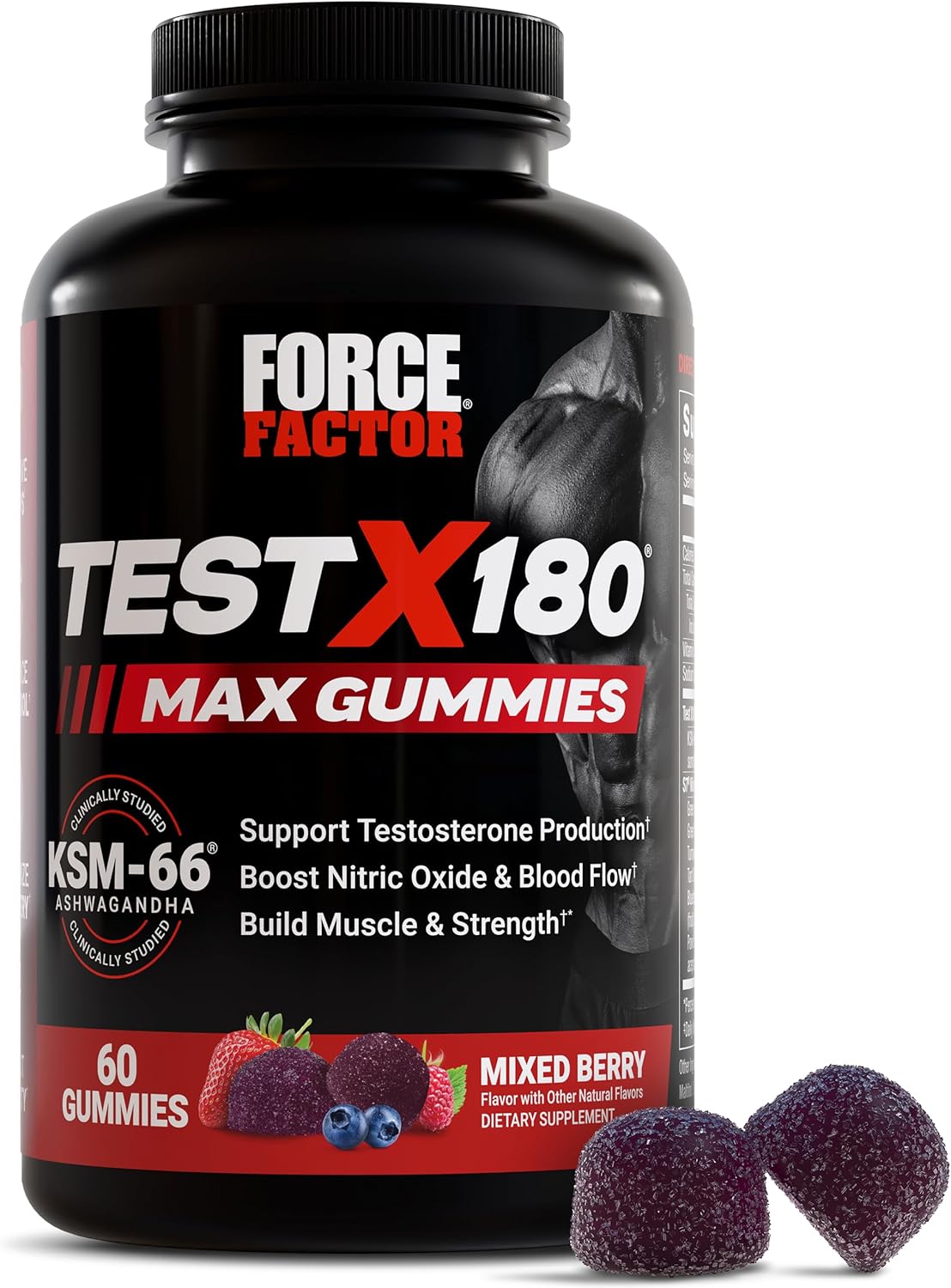 Force Factor Test X180 Max Gummies, KSM-66 Ashwagandha for T Levels, Strength & Energy Boost, Mi