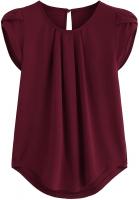 Milumia Women's Casual Round Neck Basic Pleated Top Cap Sleeve Curved Keyhole Burgundy Blouse - X-La