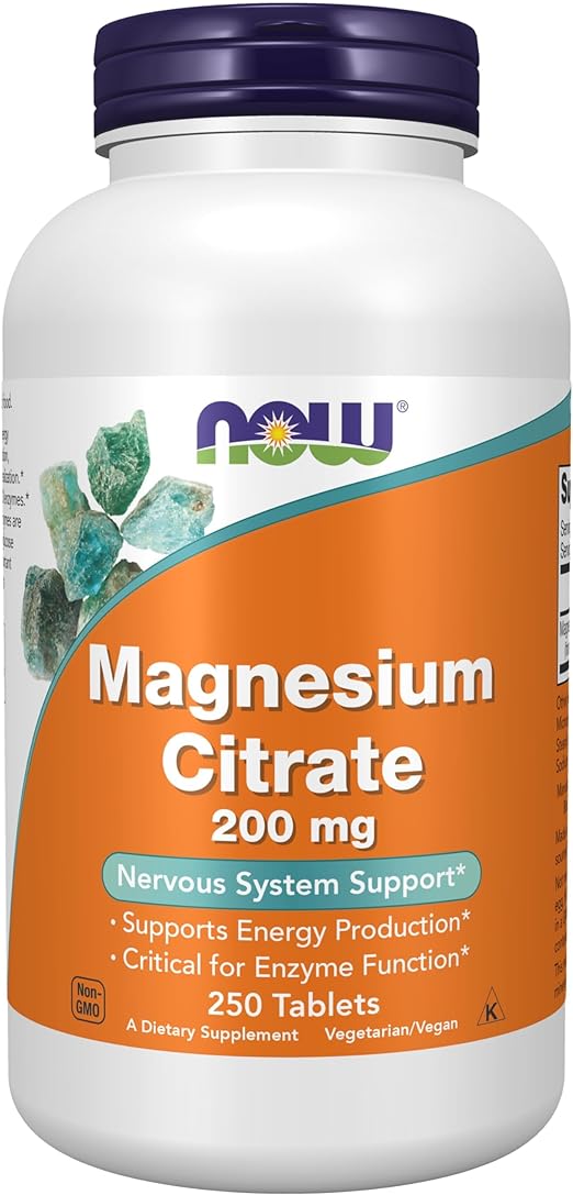 NOW Supplements, Magnesium Citrate 200 mg, Enzyme Function*, Nervous System Support*, 250 Tablets