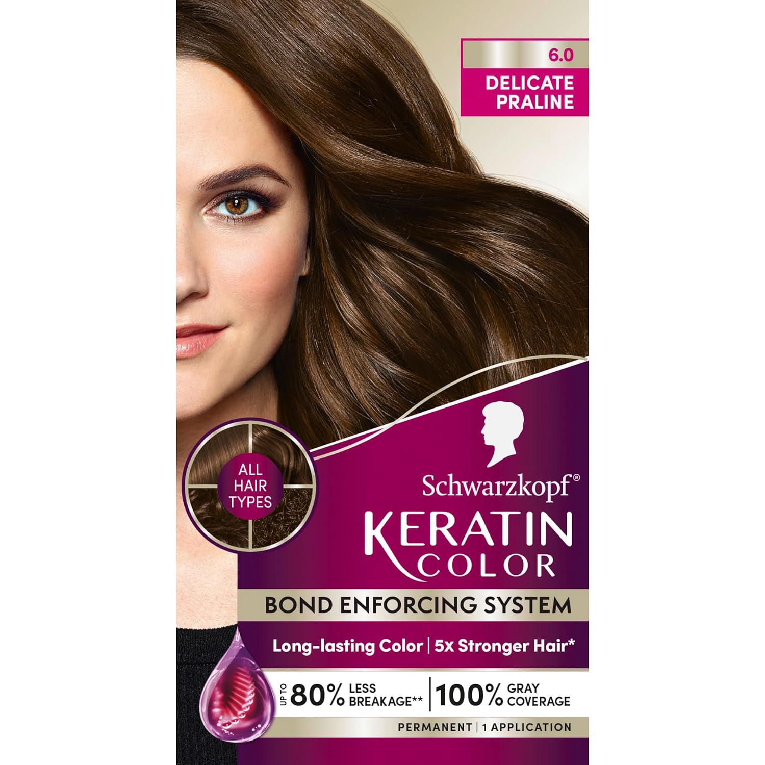 Schwarzkopf Keratin Color Permanent Hair Color Cream, 6.0 Delicate Praline