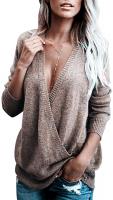 softome Womens Knitted Deep V-Neck Long Sleeve Wrap Front Loose Sweater Pullover Jumper Tops