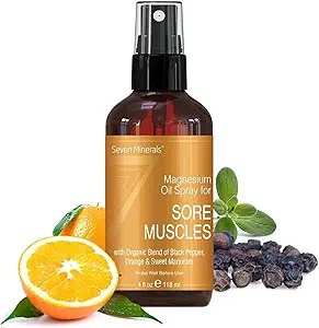 Seven Minerals Sore Muscles Magnesium Spray 4 Oz| Organic Blend Of Black Pepper, Orange & Sweet 