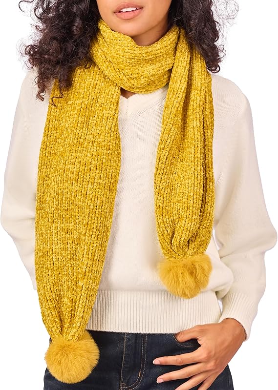 Women's Soft Chenille Winter Scarf with Fluffy Pom-Poms - Warm Knit Neck Scarf (Gift Box)