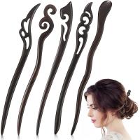 Wood Hair Sticks Japanese Hair Chopsticks Handmade Carved Hair Chopsticks Natural Ebony Black - 5 Pi