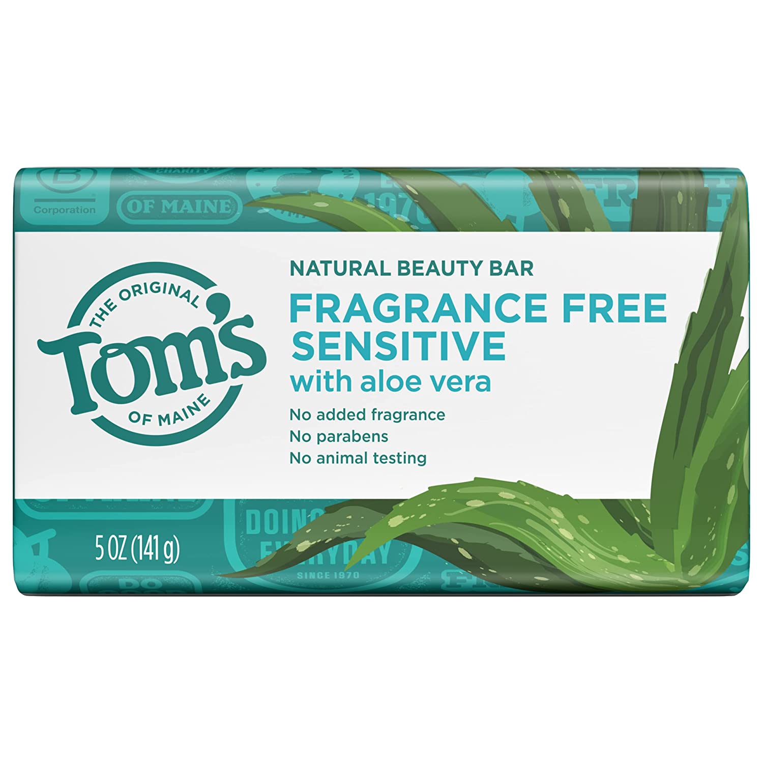 Tom's of Maine Natural Beauty Bar Soap for Sensitive Skin With Aloe Vera, Fragrance-Free, 5 Oz (141g)