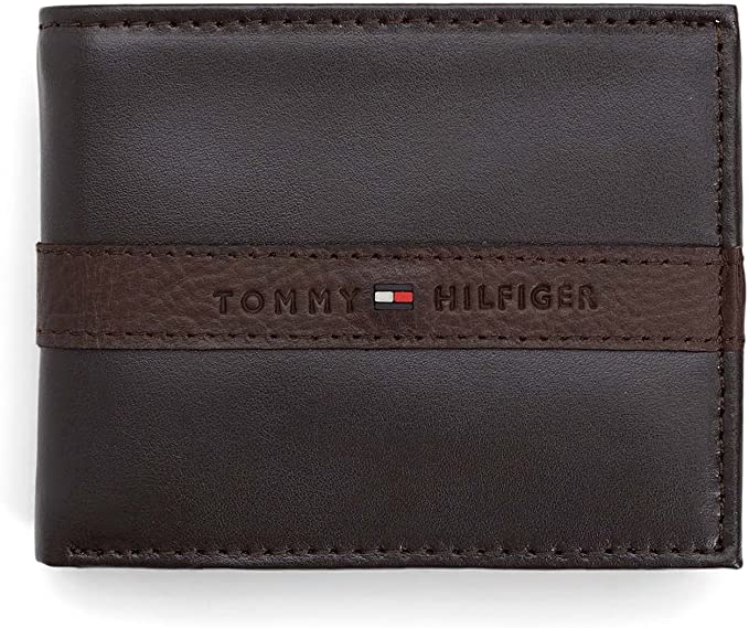 Tommy Hilfiger Men's Genuine Leather Slim Bifold Wallet with Coin Pocket, Brown