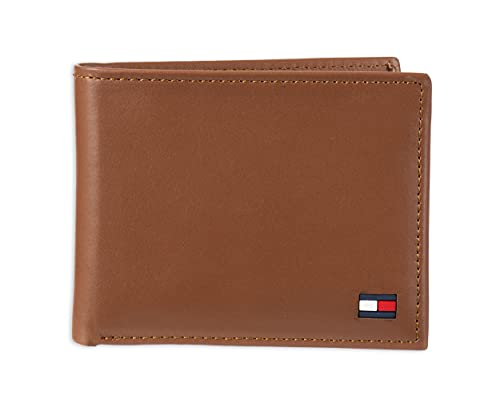 Tommy Hilfiger Men's Leather Wallet - Thin Sleek Casual Bifold With 6 Credit Card Pockets And Removable ID Window, British Tan