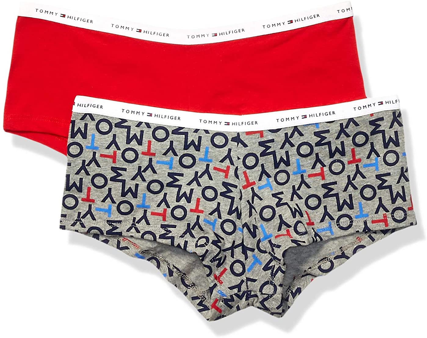 Tommy Hilfiger Women's Th Cotton Boyshort Underwear Panty, 2 Pack - Urban Grid Heather Grey, Apple Red