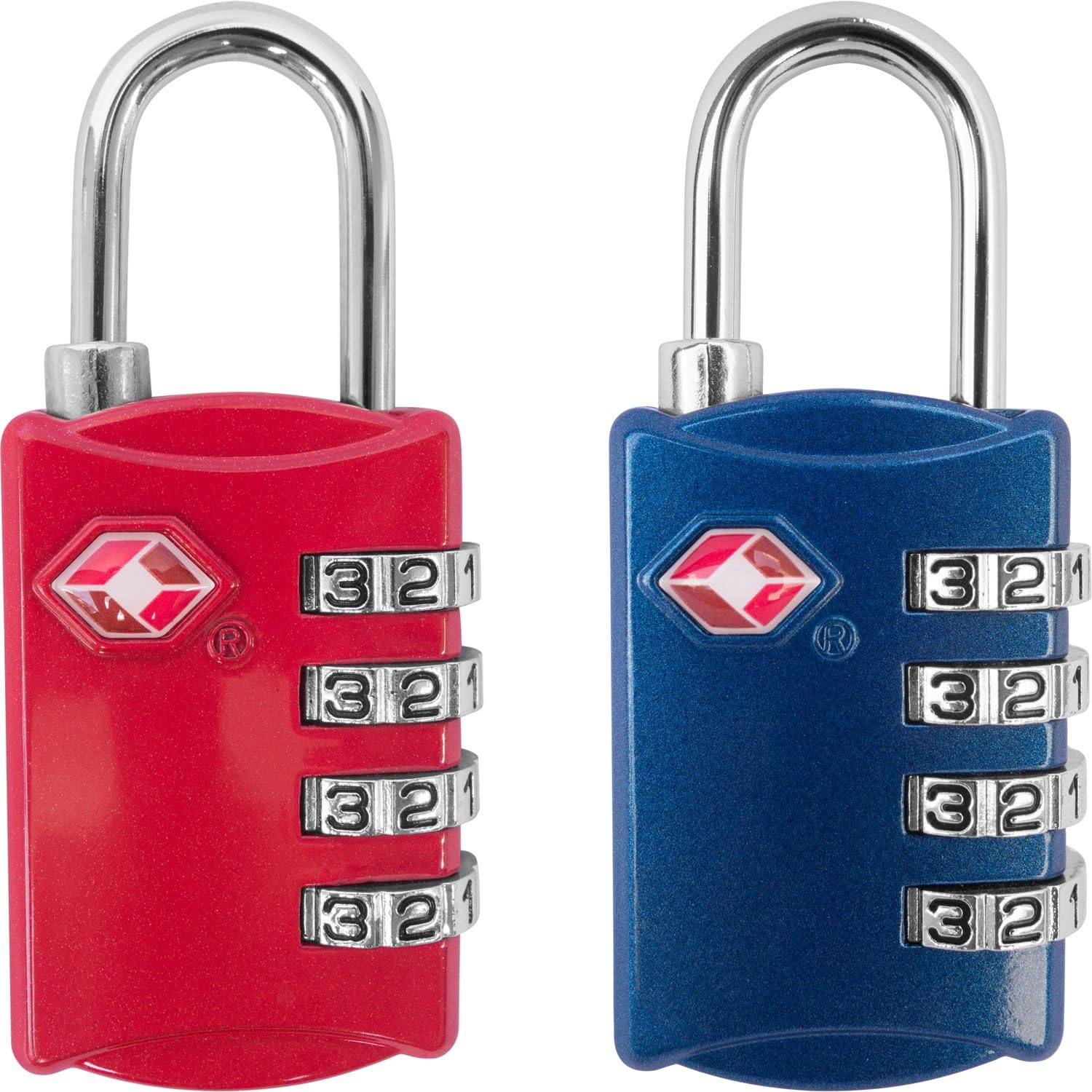 TSA Luggage Locks (2 Pack) - 4 Digit Combination Steel Padlocks - Approved Travel Lock for Suitcases & Baggage - Red and Blue