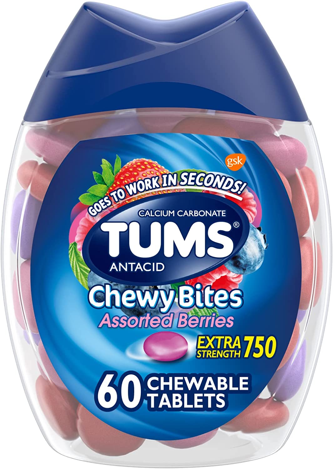 TUMS Chewy Bites Antacid Tablets for Chewable Heartburn Relief and Acid Indigestion Relief, Assorted Berries - 60 Count