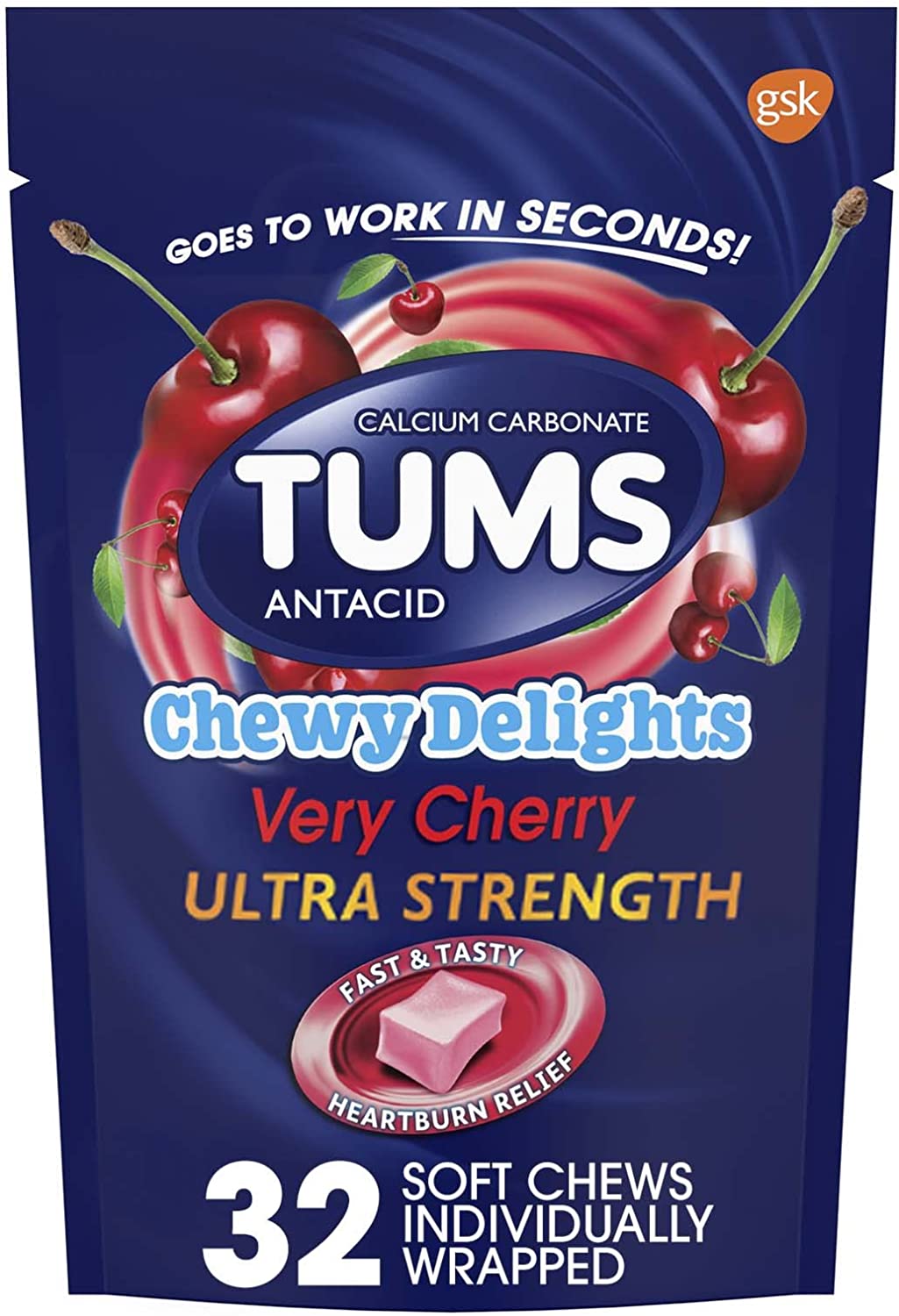 TUMS Chewy Delights Ultra Strength Antacid Soft Chews for Chewable Heartburn Relief and Acid Indigestion Relief, Very Cherry - 32 Ct