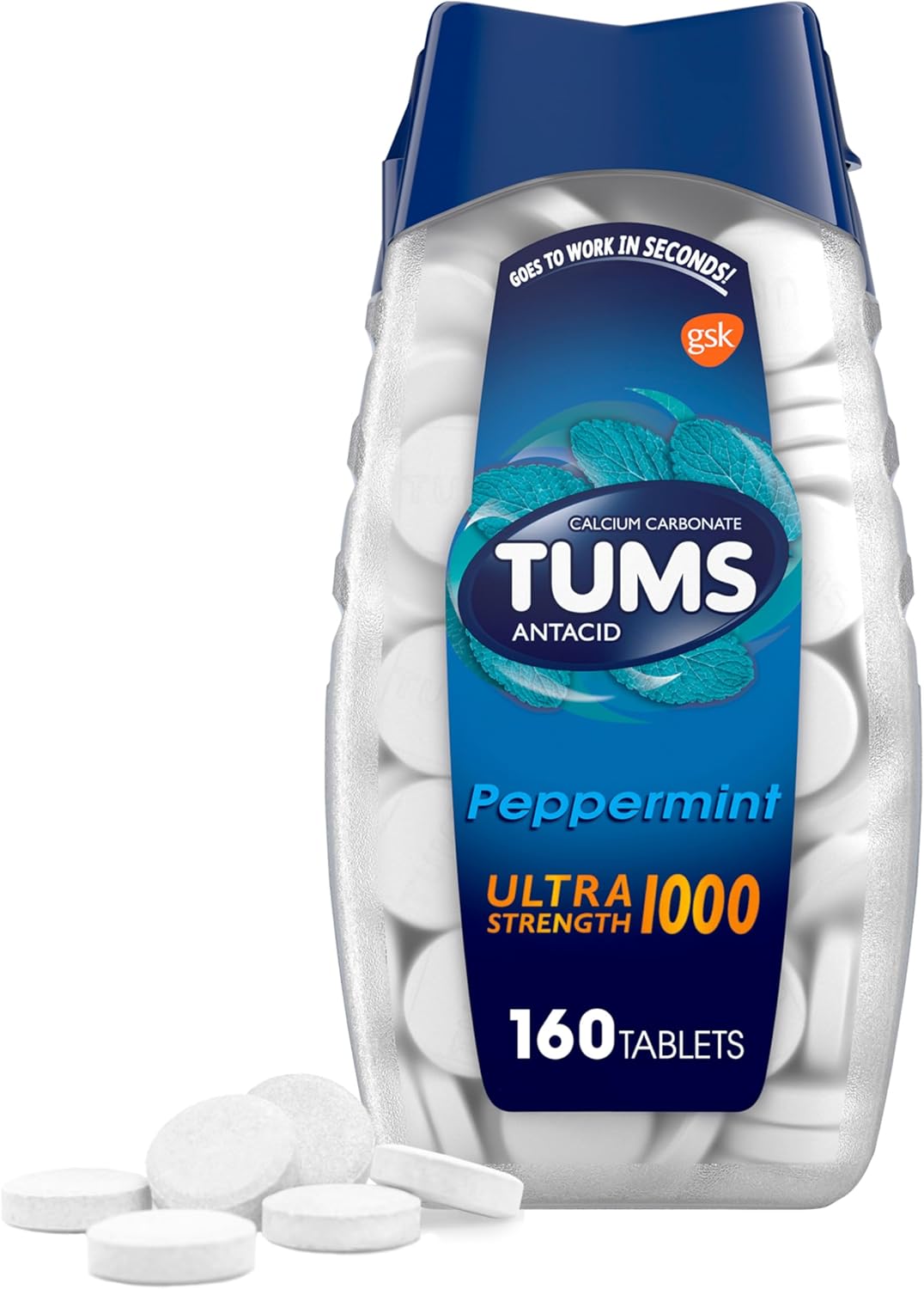 Tums Regular Strength Antacid Chewable Tablets, Peppermint, 160 Count