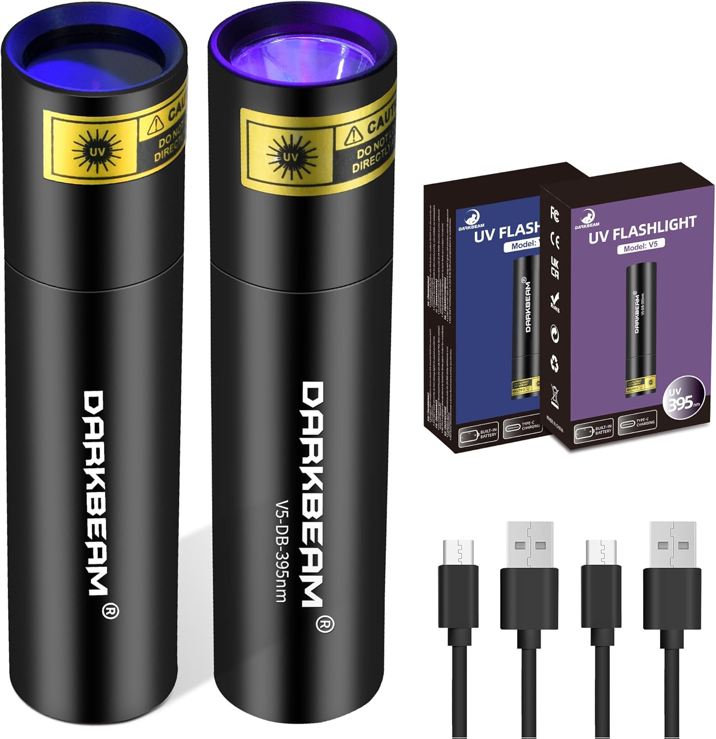 DARKBEAM Dual UV Flashlight 365nm & 395nm (2 Pack) – USB-C Rechargeable Ultraviolet Torch for Pet Urine Detection, Ringworm, Currency Check & Resin Curing