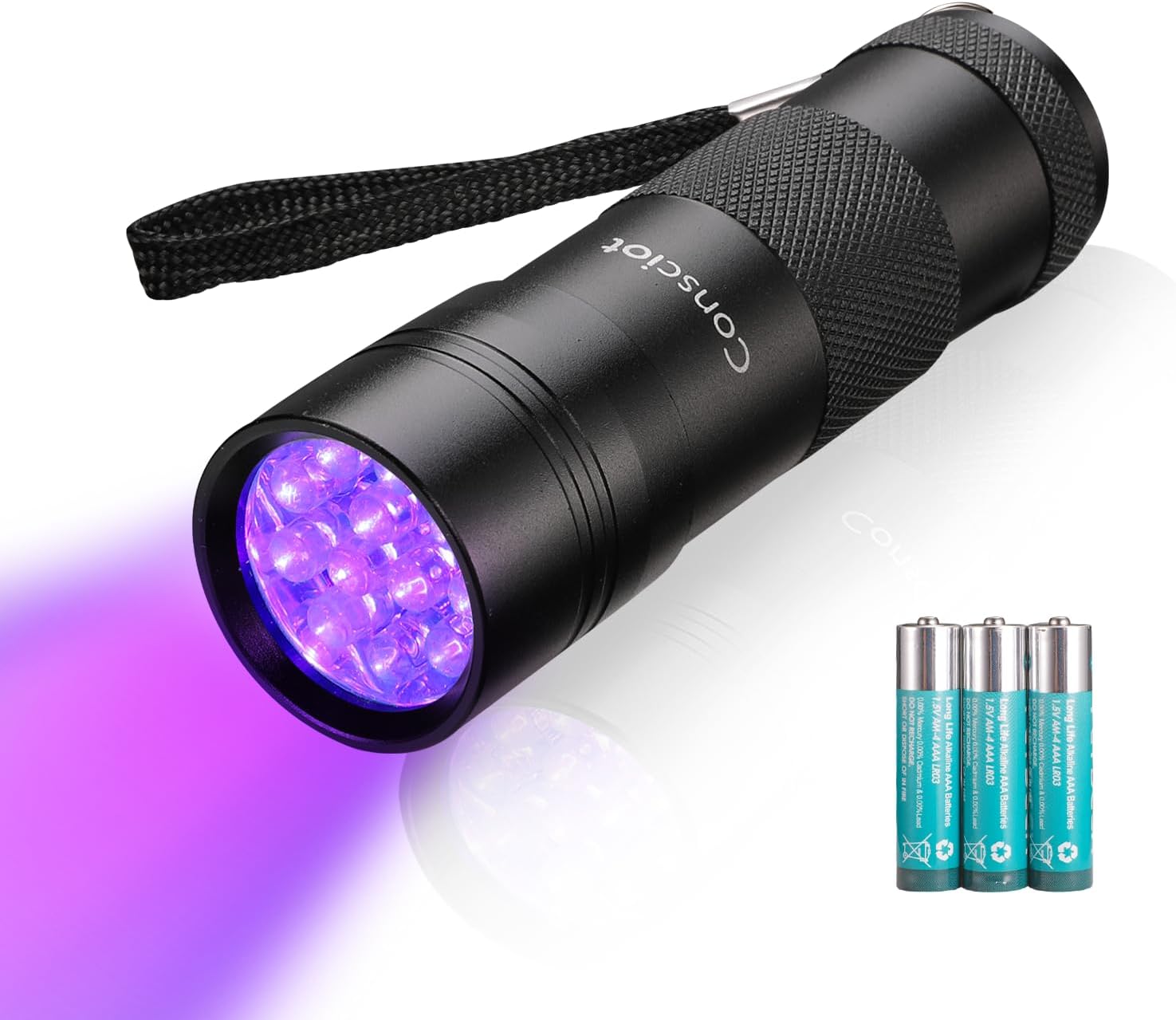 Consciot UV Flashlight Black Light – 12 LED 395nm Portable Mini Torch for Pet Urine, Dry Stains, Bed Bugs, Fake Currency Detection – Aluminum Body (With Batteries)