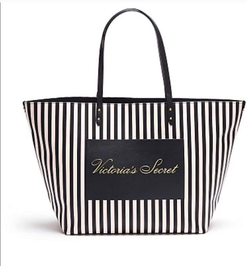 Victoria's Secret Pink Black Stripe Weekender Tote Bag - Black & White