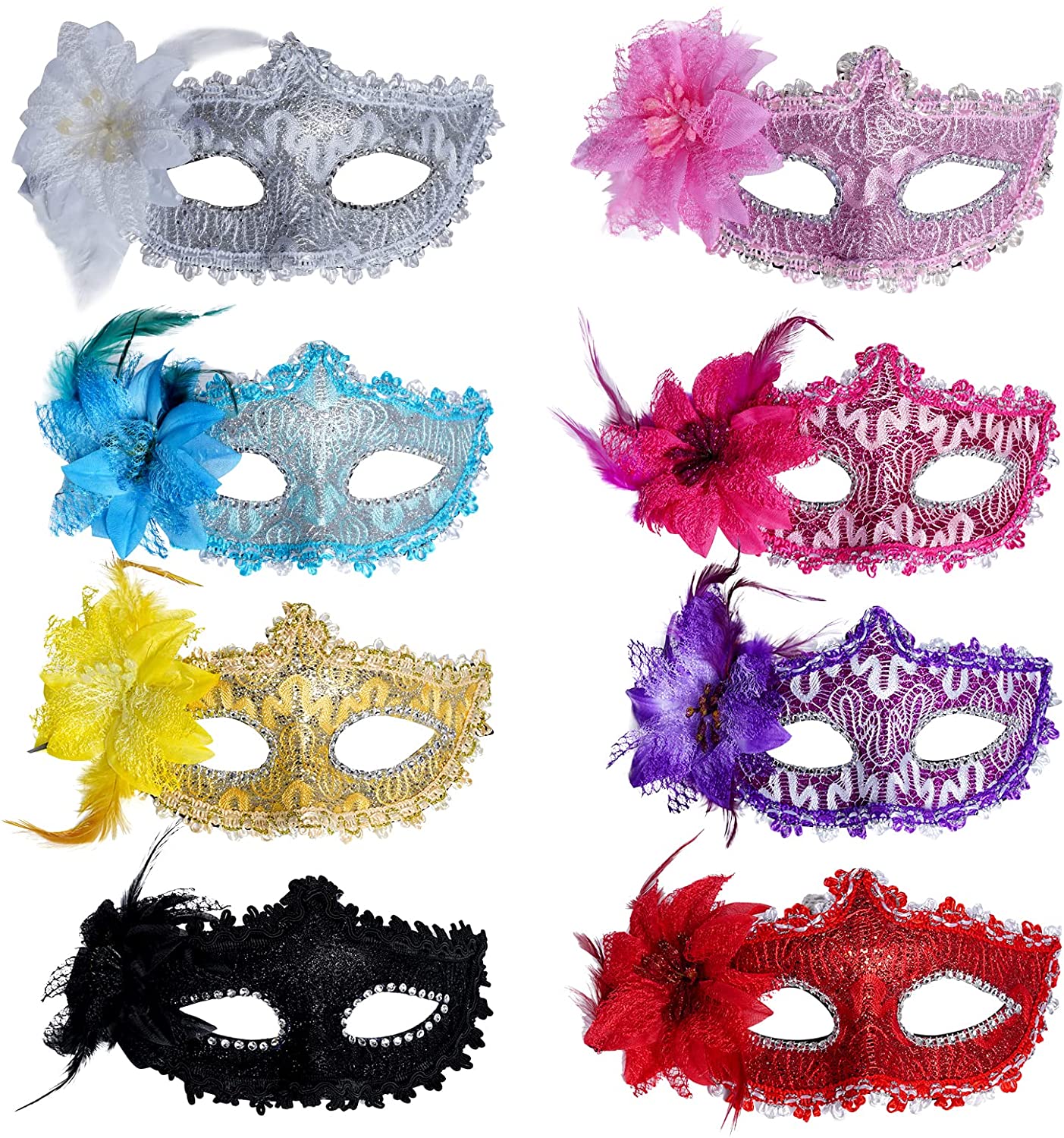 Vintage Venetian Masquerade Flower Lace Masks, Set of 8 Pcs
