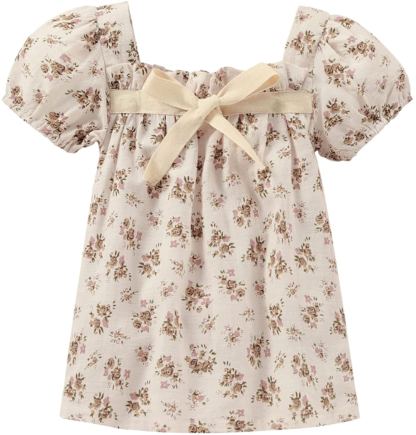 VISGOGO Infant Baby Girl Romper Dress Sister Matching Bow Square Collar Floral Print Short Sleeve Clothes
