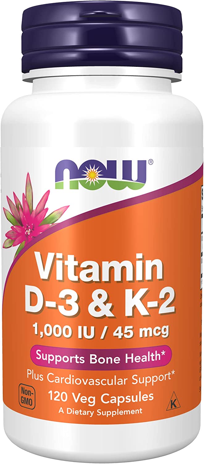Vitamin D-3 + K-2, 1,000 IU/45 mcg for Bone Health Supplement by NOW Supplements- 120 Veg Capsules