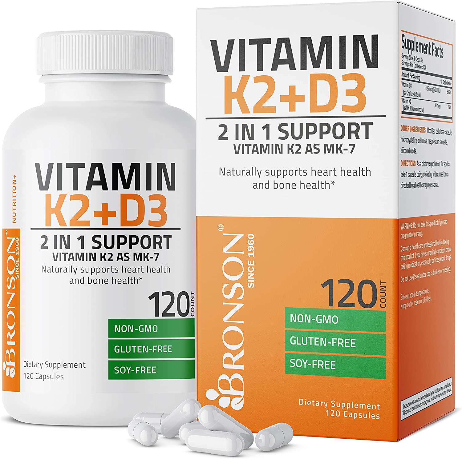 Vitamin K2 (MK7) with D3 for Bone and Heart Health Supplement, 5000 IU-D3 & 90 mcg-K2, Vitamin D & K Complex - 120 Capsules