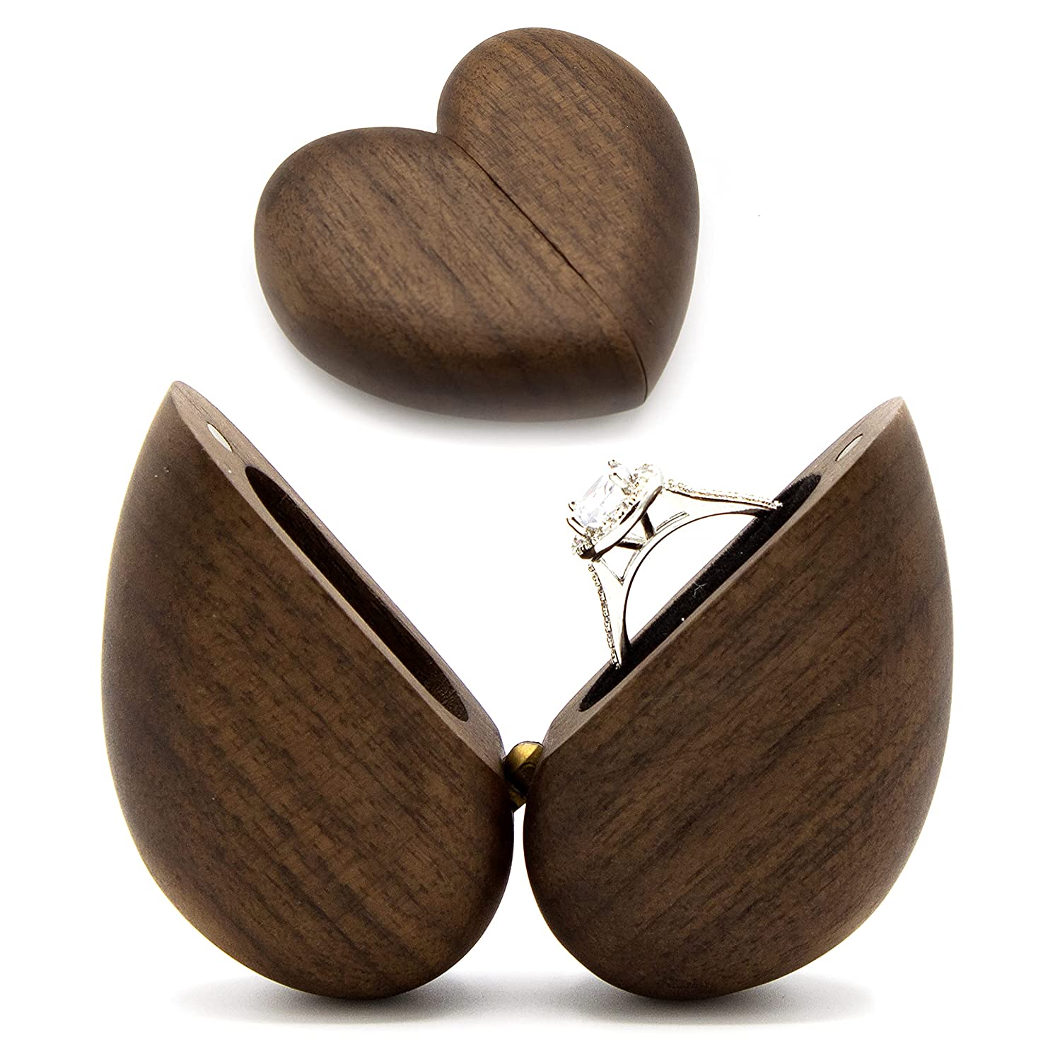 Secret Proposal Heart Flip Ring Box - Small Engagement Ring Box made of Walnut Wood, Wedding Ring Holder