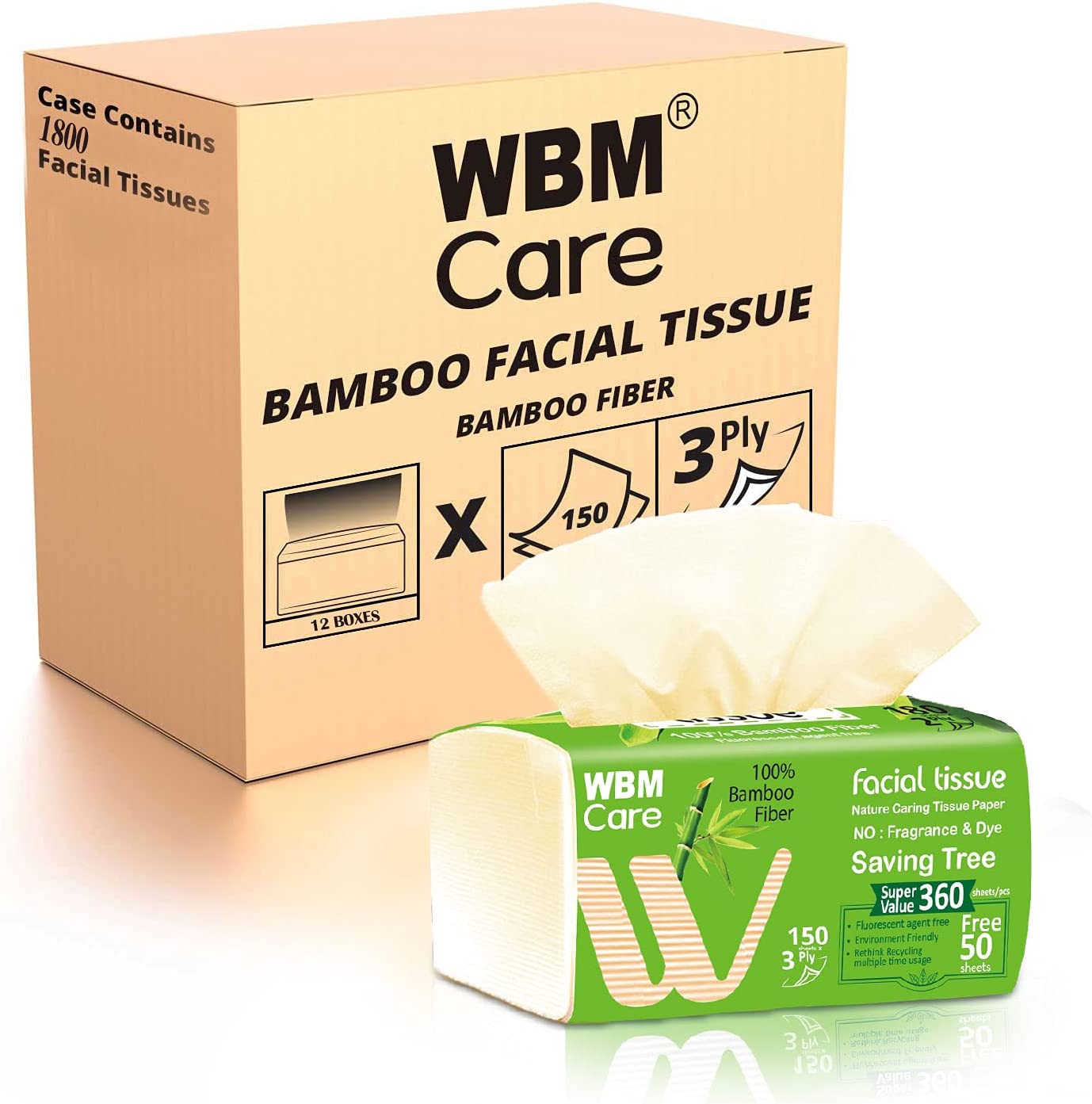 WBM Care Bamboo Facial Tissues, Bulk Box of 12 Packs, Total 1800 Sheets, Count
