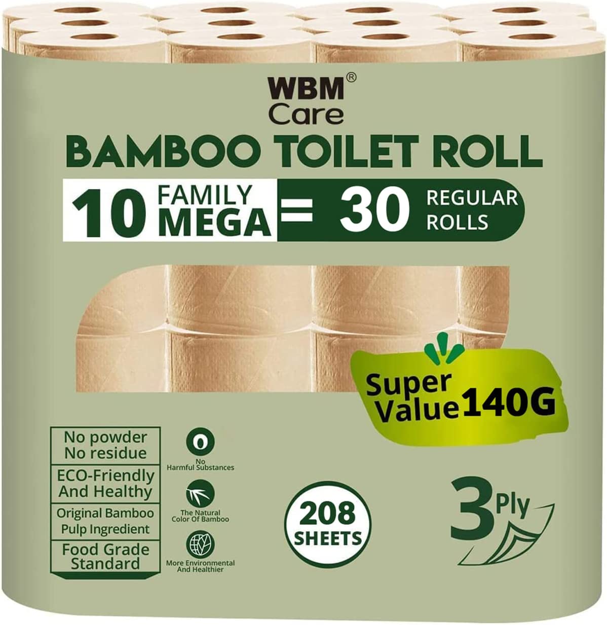 WBM Care Bamboo Paper Towels for Sensitive Skin 3-Ply, 200 Sheets, 30 Rolls