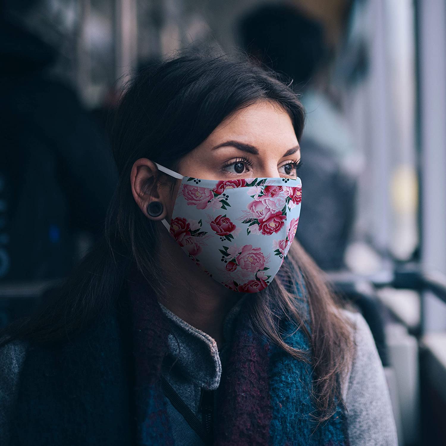 Weddingstar 3-Ply Adult Washable Cloth Face Mask Reusable and Adjustable with Filter Pocket - Blue Modern Floral